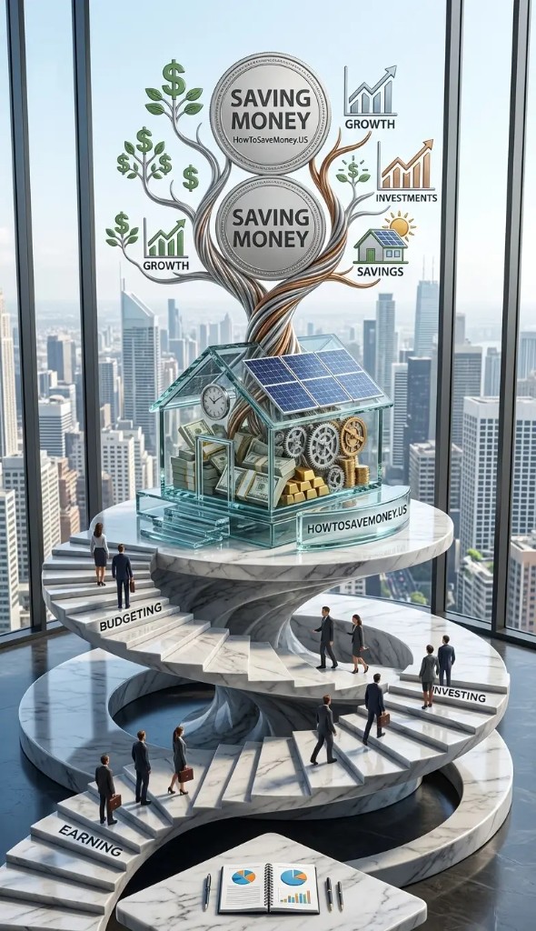 A spiral staircase marked earning, budgeting, and investing, rising toward a glass house filled with savings.