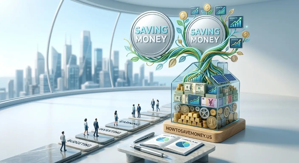 People walking from budgeting and earning toward a glass house of savings, beneath coins that read saving money.