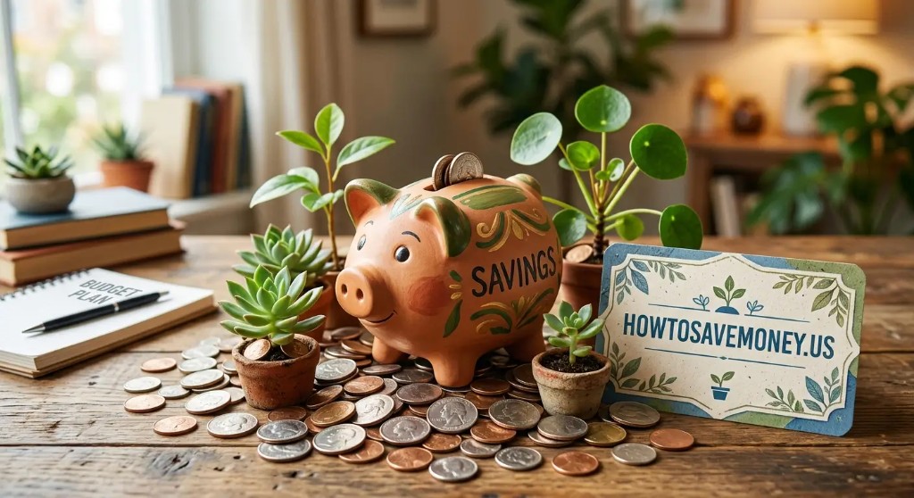A painted piggy bank labeled savings, sitting among coins, small plants, and a notebook marked budget plan.